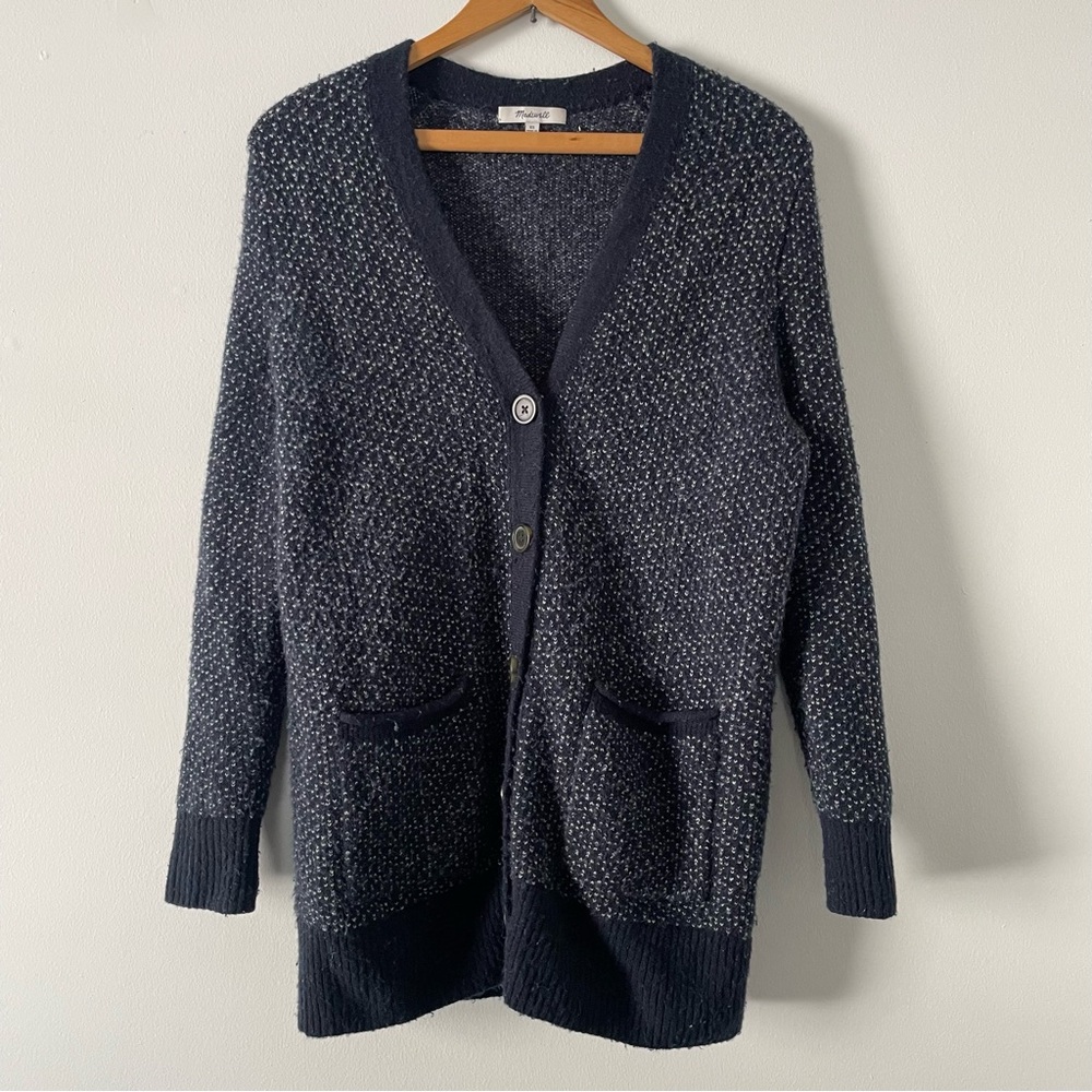 Madewell Navy and White Bird's Eye Maysfield Merino Cardigan Sweater Size XS